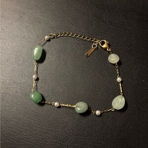 Stainless Steel Gold Plated Green Stone With Pearl Beads Bracelet